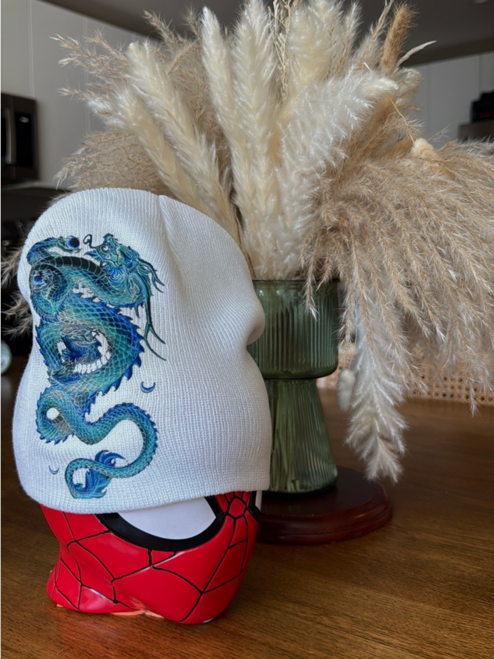 White Kids Beanie with Blue Dragon Embroidery